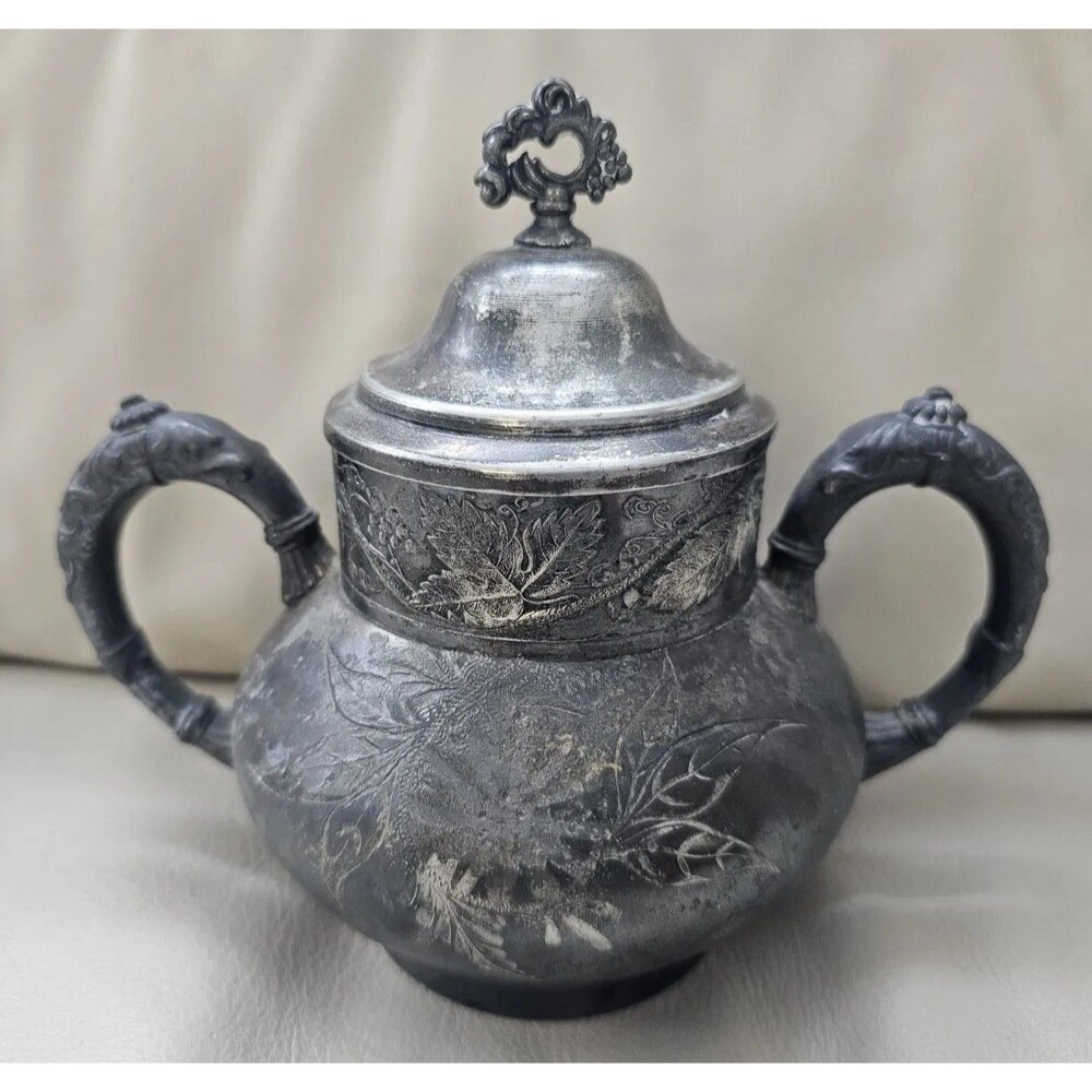 Antique James Tufts Boston Quadruple Sliver Plate Handled Sugar Bowl W/ Lid 1005